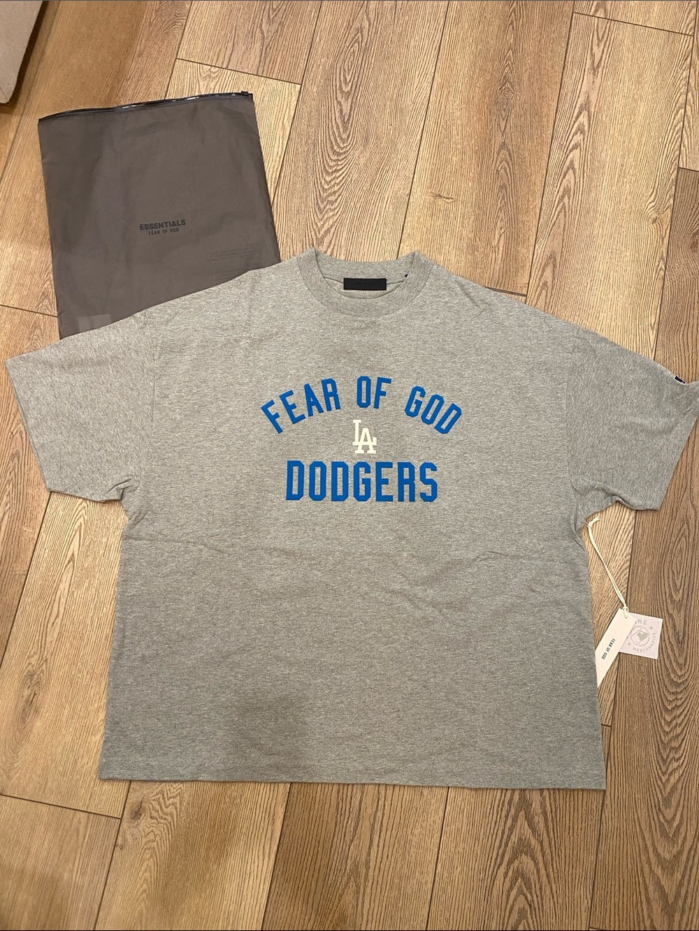 Fear of God Gray Dodgers Crewneck Tee with Blue Logo- Size Large OVERSIZED